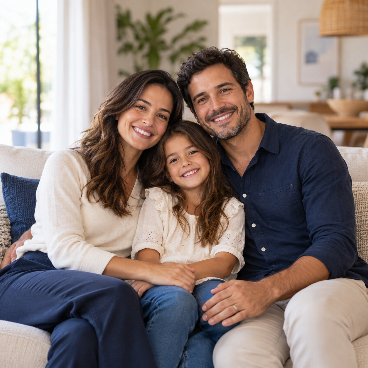 Família sorrindo e abraçada em casa